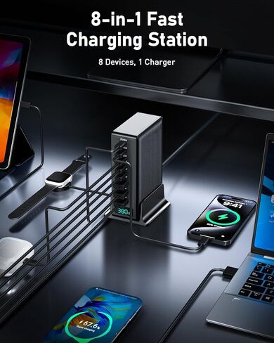 محطة شحن بقوة 380 وات، قاعدة شاحن USB C سريعة 8 منافذ GaN مع منفذ مزدوج 100 وات لأجهزة الكمبيوتر المحمول، MacBook Pro/Air، Iphone16/15/14/13، Ipad، Samsung Galaxy، Android، للسفر، المنزل، المكتب in Kuwait