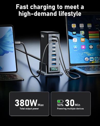 محطة شحن بقوة 380 وات، قاعدة شاحن USB C سريعة 8 منافذ GaN مع منفذ مزدوج 100 وات لأجهزة الكمبيوتر المحمول، MacBook Pro/Air، Iphone16/15/14/13، Ipad، Samsung Galaxy، Android، للسفر، المنزل، المكتب in Kuwait