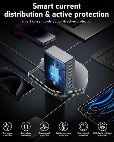 محطة شحن بقوة 380 وات، قاعدة شاحن USB C سريعة 8 منافذ GaN مع منفذ مزدوج 100 وات لأجهزة الكمبيوتر المحمول، MacBook Pro/Air، Iphone16/15/14/13، Ipad، Samsung Galaxy، Android، للسفر، المنزل، المكتب in Kuwait
