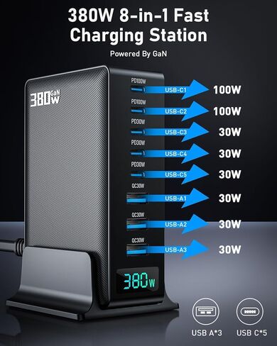 محطة شحن بقوة 380 وات، قاعدة شاحن USB C سريعة 8 منافذ GaN مع منفذ مزدوج 100 وات لأجهزة الكمبيوتر المحمول، MacBook Pro/Air، Iphone16/15/14/13، Ipad، Samsung Galaxy، Android، للسفر، المنزل، المكتب in Kuwait