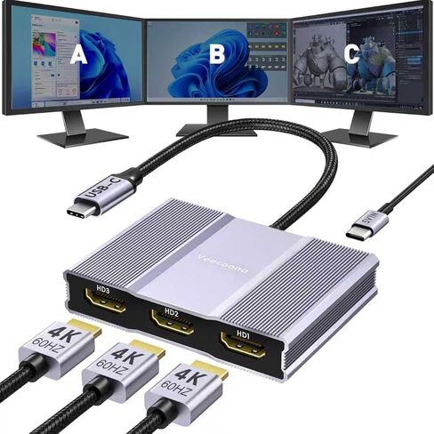 محول USB C إلى 3 HDMI مع PD 100 وات، شاشة عرض ممتدة مقسم HDMI 4K@60 هرتز 1 في 3 للشاشات المتعددة، متوافق مع أجهزة الكمبيوتر المحمول والكمبيوتر الشخصي وبطاقة رسومات USB-C - MACOS لا يدعم MST in Kuwait