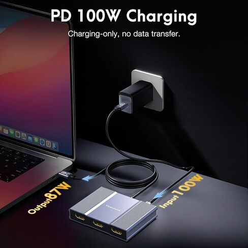 محول USB C إلى 3 HDMI مع PD 100 وات، شاشة عرض ممتدة مقسم HDMI 4K@60 هرتز 1 في 3 للشاشات المتعددة، متوافق مع أجهزة الكمبيوتر المحمول والكمبيوتر الشخصي وبطاقة رسومات USB-C - MACOS لا يدعم MST in Kuwait