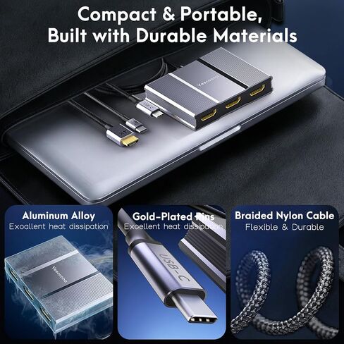 محول USB C إلى 3 HDMI مع PD 100 وات، شاشة عرض ممتدة مقسم HDMI 4K@60 هرتز 1 في 3 للشاشات المتعددة، متوافق مع أجهزة الكمبيوتر المحمول والكمبيوتر الشخصي وبطاقة رسومات USB-C - MACOS لا يدعم MST in Kuwait
