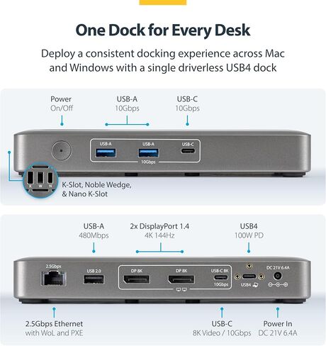 محطة إرساء StarTech USB4، بدون سائق مزدوج 4K 144 هرتز لنظام التشغيل Mac وWindows، قاعدة توصيل USB-C عالمية إلى DisplayPort مع 100 وات PD و2.5 جيجا بايت (208N-USB4-DOCK) in Saudi Arabia