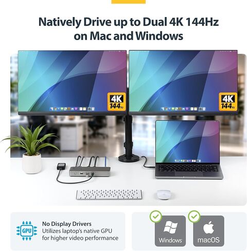 محطة إرساء StarTech USB4، بدون سائق مزدوج 4K 144 هرتز لنظام التشغيل Mac وWindows، قاعدة توصيل USB-C عالمية إلى DisplayPort مع 100 وات PD و2.5 جيجا بايت (208N-USB4-DOCK) in Saudi Arabia