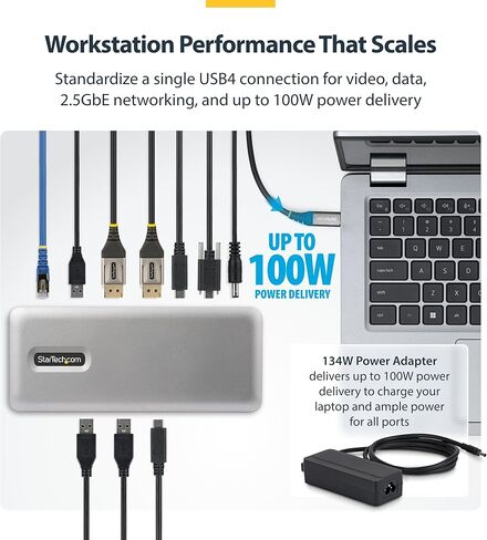محطة إرساء StarTech USB4، بدون سائق مزدوج 4K 144 هرتز لنظام التشغيل Mac وWindows، قاعدة توصيل USB-C عالمية إلى DisplayPort مع 100 وات PD و2.5 جيجا بايت (208N-USB4-DOCK) in Saudi Arabia