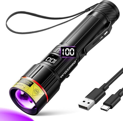 WdtPro UV Flashlight 395nm Super Bright, Rechargeable Black Light with LCD Display, IP65 Zoomable UV Light with Clip, Powerful Portable Blacklight for Pet Urine Stains, Scorpions, Resin Curing in Saudi Arabia