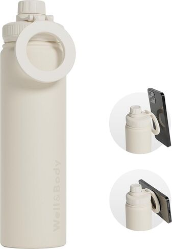 Well & Body Insulated Magnetic Water Bottle Magnet'O 25 oz | Stainless Steel, Compatible with MagSafe, Adjustable Angle, Leak-Proof, BPA-Free, Tripod-Ready, Gym, CrossFit, Fitness [Cream Edition] in Saudi Arabia