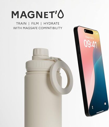 Well & Body Insulated Magnetic Water Bottle Magnet'O 25 oz | Stainless Steel, Compatible with MagSafe, Adjustable Angle, Leak-Proof, BPA-Free, Tripod-Ready, Gym, CrossFit, Fitness [Cream Edition] in Saudi Arabia