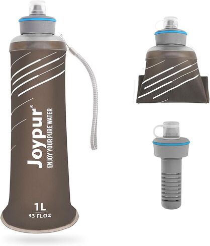 فلتر مياه - زجاجة مياه قابلة للطي مع فلتر 0.01 ميكرون زجاجة مياه مفلترة بالضغط 32oz للمشي لمسافات طويلة وحقيبة الظهر والتخييم خالية من مادة BPA (رمادي 1000 مل) in Kuwait