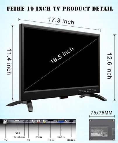 تلفزيون Feihe 19 بوصة HD LED بشاشة مسطحة 1080 بكسل IPS مع موالفات رقمية مزدوجة ATSC/HDMI/VGA/AV/USB، تلفزيون RV 12 فولت مدمج بمكبرات صوت مزدوجة مناسبة للمطبخ/RV/القافلة والقارب (ليس تلفزيونًا ذكيًا) in Kuwait