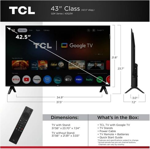 TCL 43-inch 43Q31K Class Q3K Series FHD QLED Smart Google TV Bluetooth(Renewed) in Saudi Arabia
