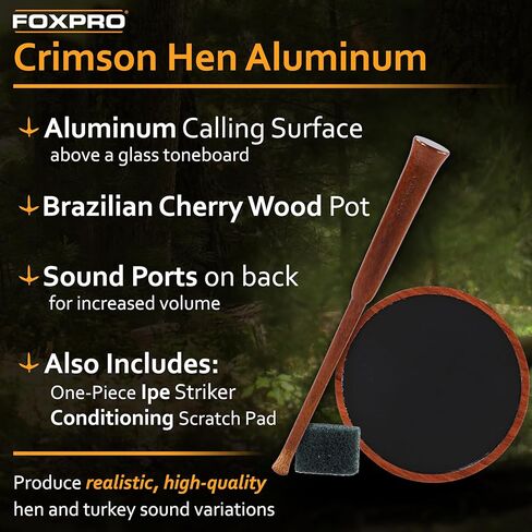 FOXPRO Crimson Hen Aluminum Turkey Pot Call - Aluminum Surface - One-Piece Ipe Striker - Realistic Turkey Sounds and Hen Sounds - Clucks, Purrs, Cuts - High-Volume, Quality, Durability - Made in USA in Saudi Arabia