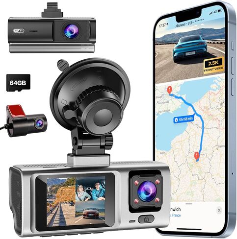 3 Channel Dash Cam, QHD 2.5K+1080P+1080P 3-Way Recording, WiFi Dash Camera with APP Control, 1440P Front+4 IR Lights, 24H Parking Mode with Time-Lapse, G-Sensor, Loop Recording,Free 64GB Card in Saudi Arabia