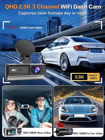 3 Channel Dash Cam, QHD 2.5K+1080P+1080P 3-Way Recording, WiFi Dash Camera with APP Control, 1440P Front+4 IR Lights, 24H Parking Mode with Time-Lapse, G-Sensor, Loop Recording,Free 64GB Card in Saudi Arabia
