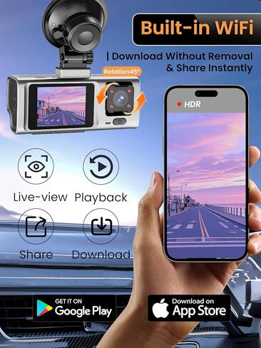 3 Channel Dash Cam, QHD 2.5K+1080P+1080P 3-Way Recording, WiFi Dash Camera with APP Control, 1440P Front+4 IR Lights, 24H Parking Mode with Time-Lapse, G-Sensor, Loop Recording,Free 64GB Card in Saudi Arabia