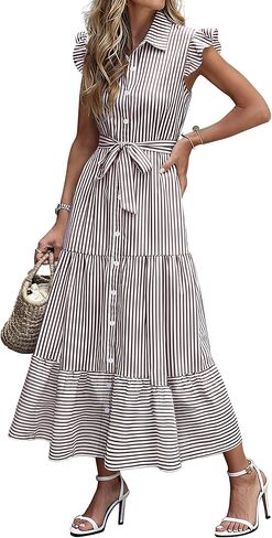 Caracilia Womens Summer Casual Ruffle Cap Sleeve Maxi Dress Button Down Striped Plaid Tie Waist Vacation Long Shirt Dresses in Saudi Arabia
