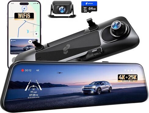 Pelsee S12 Native 4K + 2.5K Rear View Mirror Camera, Mirror Dash Cam w/ 8MP Sensor, Telephoto Lens, Color Night Vision, WiFi 6 30MB/s Download, GPS, 64GB Card Included, Backup Camera for Car Truck SUV in Saudi Arabia