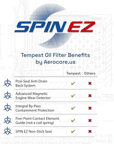 فلتر زيت Tempest AA48111 للطيران (6 قطع) - FAA8130-3 إمكانية التتبع الكامل، ختم سهل الإزالة، طلاء SPIN EZ، سعة Aerocore عالية، معتمد من FAA-PMA، محرك، طائرة. (ستة عبوات - 6 قطع) in Kuwait