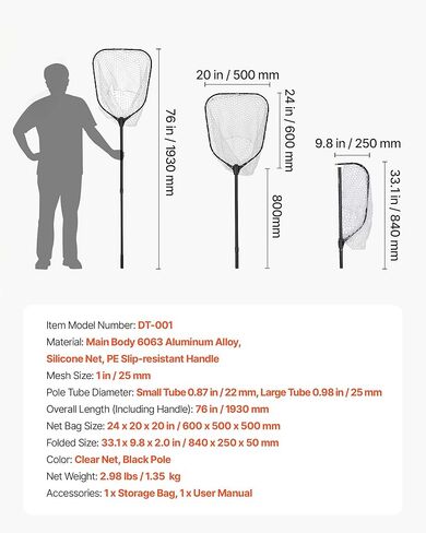 VEVOR Fishing Net, Foldable Landing Nets with Telescopic Handle and Built in Length Scale, Lightweight and Stronger 6063 Aluminum Fish Gear, Soft Silicone Mesh, Holds up to 30 lbs, for Kayak Boat Bank in Saudi Arabia