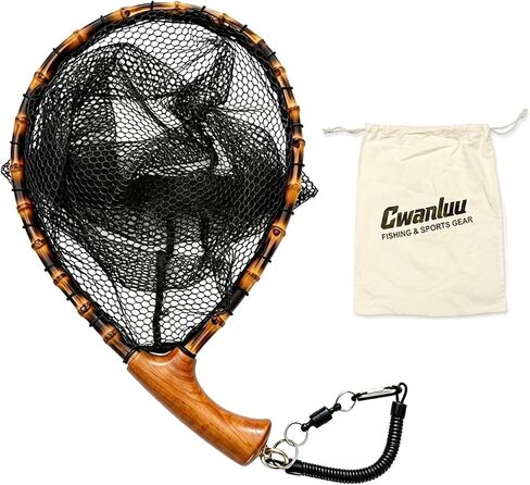 Floating Handcrafted Bamboo Fly Fishing Landing Net, Solid Wood Handle, Soft Rubber Coated Mesh for Trout, Kayak & Stream Fishing, Includes Magnetic Release & Safety Lanyard in Saudi Arabia