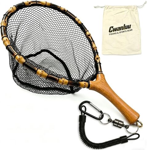 Floating Handcrafted Bamboo Fly Fishing Landing Net, Solid Wood Handle, Soft Rubber Coated Mesh for Trout, Kayak & Stream Fishing, Includes Magnetic Release & Safety Lanyard in Saudi Arabia