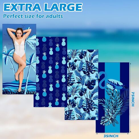 4 Pack Lightweight Microfiber Beach Towel 75 x 35 Extra Large Sand Free Quick Dry Absorbent Towels Blue for Swimming Pool Yoga Gym Travel Vacation Sports Beach Essentials Accessories Vacation Gift in Saudi Arabia