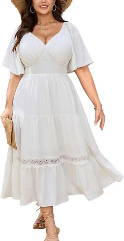 SCOMCHIC Womens Plus Size Summer Dresses Deep V Neck Short Sleeve Smocked Lace Trim Tiered Beach Boho Casual Maxi Dress in Saudi Arabia