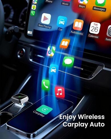 محول CarPlay اللاسلكي المحسن لعام 2026 لهاتف Apple iPhone iOS 10+، اتصال تلقائي سريع سلكي إلى لاسلكي لمحول Apple CarPlay صغير الحجم، USB-A/Type-C، التوصيل والتشغيل، بدون تأخير (أسود) in Kuwait