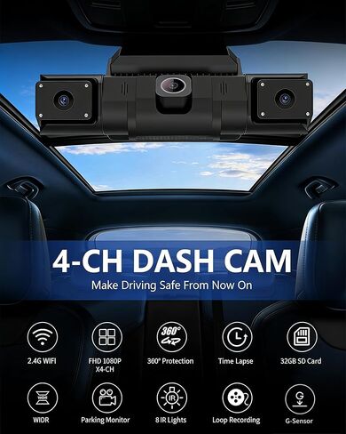 4 Channel 360 Dash Cam Front and Rear Inside & Left Right for Cars, 1080P with GPS 2.4GHz WiFi & APP Control, IR Night Vision, WDR, G-Sensor,Loop Recording, 24H Parking Mode,32GB Card for Taxi in Saudi Arabia
