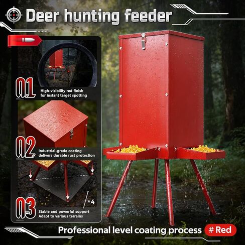 60-80lbs Deer Feeder,Red Waterproof and Anti-Corrosion Coating Gravity Deer Feeders with 4 Feeding Tray and 4-Leg Stand Reinforced,Deer Corn Duty Metal Game Feeder for Deers and Wildlife in Saudi Arabia