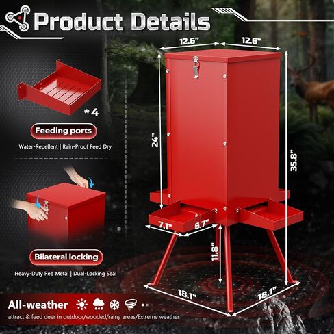 60-80lbs Deer Feeder,Red Waterproof and Anti-Corrosion Coating Gravity Deer Feeders with 4 Feeding Tray and 4-Leg Stand Reinforced,Deer Corn Duty Metal Game Feeder for Deers and Wildlife in Saudi Arabia