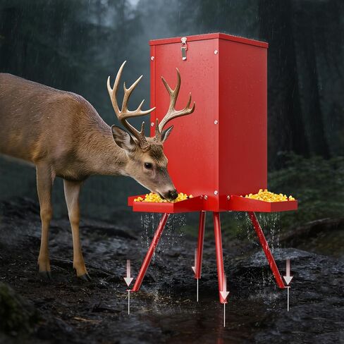 60-80lbs Deer Feeder,Red Waterproof and Anti-Corrosion Coating Gravity Deer Feeders with 4 Feeding Tray and 4-Leg Stand Reinforced,Deer Corn Duty Metal Game Feeder for Deers and Wildlife in Saudi Arabia