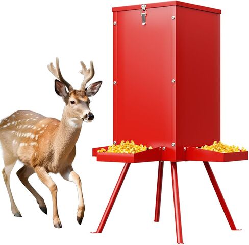 60-80lbs Deer Feeder,Red Waterproof and Anti-Corrosion Coating Gravity Deer Feeders with 4 Feeding Tray and 4-Leg Stand Reinforced,Deer Corn Duty Metal Game Feeder for Deers and Wildlife in Saudi Arabia