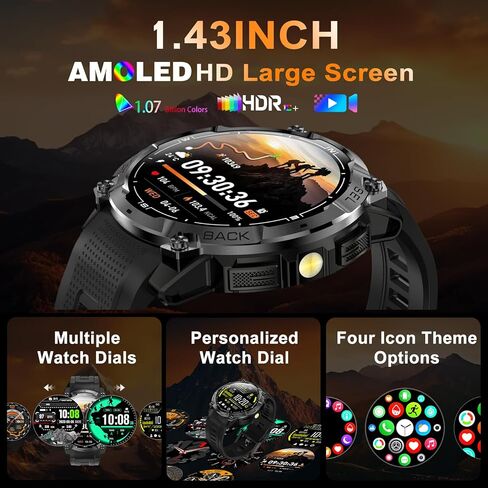 ساعة ذكية عسكرية متينة للرجال مزودة بنظام تحديد المواقع العالمي (GPS)، ساعة AMOLED لتتبع اللياقة البدنية مقاس 1.43 بوصة مع مكالمة بلوتوث/مصباح يدوي/بوصلة، أكثر من 170 وضعًا رياضيًا مقاومة للماء للرجال لهواتف Android iPhone in Kuwait