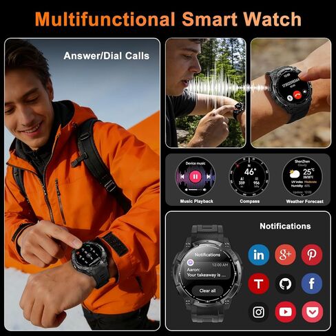 ساعة ذكية عسكرية متينة للرجال مزودة بنظام تحديد المواقع العالمي (GPS)، ساعة AMOLED لتتبع اللياقة البدنية مقاس 1.43 بوصة مع مكالمة بلوتوث/مصباح يدوي/بوصلة، أكثر من 170 وضعًا رياضيًا مقاومة للماء للرجال لهواتف Android iPhone in Kuwait