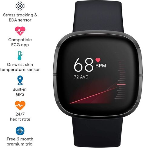 Fitbit Sense Health & Fitness Smartwatch W/GPS, Bluetooth Call/Text, Heart Rate SpO2, ECG, Skin Temperature & Stress Sensing (S & L Bands, 90 Day Premium Included) International Version (Graphite) in Saudi Arabia