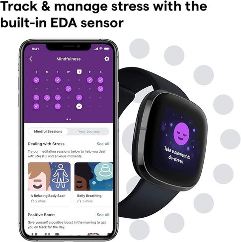 Fitbit Sense Health & Fitness Smartwatch W/GPS, Bluetooth Call/Text, Heart Rate SpO2, ECG, Skin Temperature & Stress Sensing (S & L Bands, 90 Day Premium Included) International Version (Graphite) in Saudi Arabia