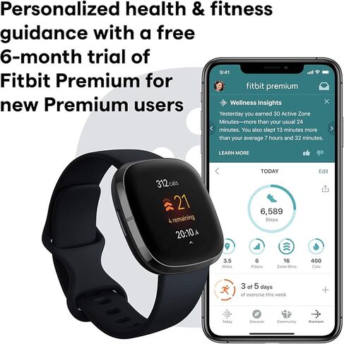 Fitbit Sense Health & Fitness Smartwatch W/GPS, Bluetooth Call/Text, Heart Rate SpO2, ECG, Skin Temperature & Stress Sensing (S & L Bands, 90 Day Premium Included) International Version (Graphite) in Saudi Arabia