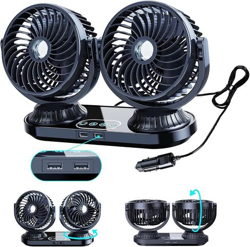Auto Oscillating 12v/24v Car Fan Cigarette Lighter Plug for Pickup Truck RV SUV Sedan Van Boat, Portable Dashboard Fan for Car with 2 USB Ports Strong 3 Speeds 360 Rotatable in Saudi Arabia