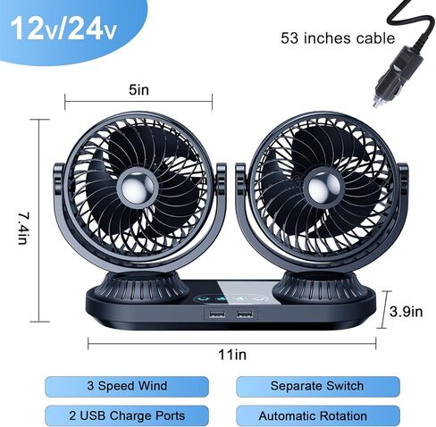 Auto Oscillating 12v/24v Car Fan Cigarette Lighter Plug for Pickup Truck RV SUV Sedan Van Boat, Portable Dashboard Fan for Car with 2 USB Ports Strong 3 Speeds 360 Rotatable in Saudi Arabia