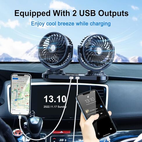 Auto Oscillating 12v/24v Car Fan Cigarette Lighter Plug for Pickup Truck RV SUV Sedan Van Boat, Portable Dashboard Fan for Car with 2 USB Ports Strong 3 Speeds 360 Rotatable in Saudi Arabia