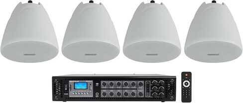 Rockville RCS180-6 Bundle: 180-Watt 6 Zone 70V Commercial Bluetooth Amplifier, (4) PEN-40T White 4 in Hanging Pendant Speakers for Bar Cafe, 5-Items in Saudi Arabia