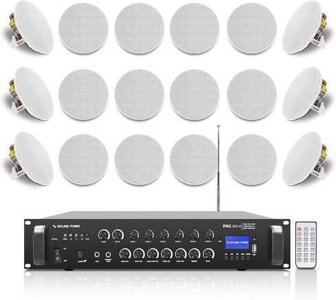 مضخم صوت بلوتوث للمطاعم التجارية من Sound Town + مجموعة مكبرات صوت في السقف، مع مضخم صوت واحد 70 فولت/100 فولت مع بلوتوث، 18 × مكبرات صوت في السقف بحجم 6.5 بوصة، باللون الأبيض (PAC360X18CS6N) in Saudi Arabia