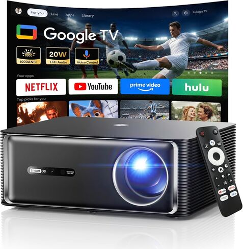 جهاز عرض ذكي 1500 ANSI Google TV - جهاز عرض 4K مع واي فاي وبلوتوث، مكبرات صوت هاي فاي 20 وات، جهاز عرض أفلام خارجي، تركيز تلقائي وجهاز عرض كيستون للمسرح المنزلي الداخلي in Kuwait