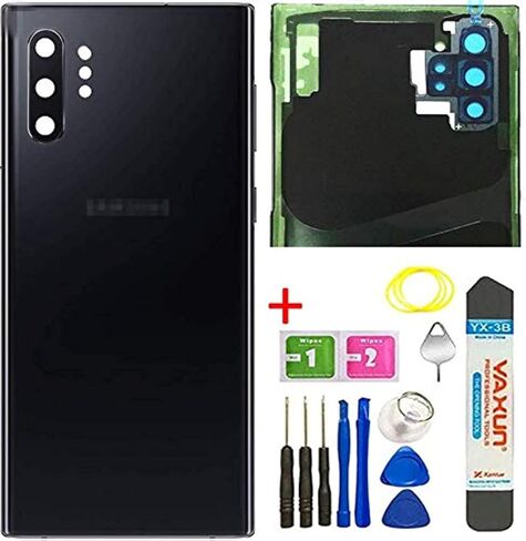 غطاء بديل زجاجي خلفي لهاتف Galaxy Note 10 Plus مع عدسة زجاجية للكاميرا وأجزاء شريط لهاتف Samsung Galaxy Note10 Plus، Note 10+، أدوات 5G + دبوس إخراج (أسود هالة) in Kuwait