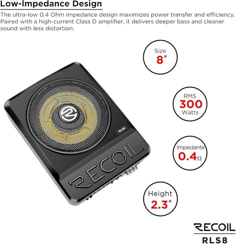 RECOIL RLS8 8" Ultra-Thin Powered Under Seat Car Subwoofer with Built-in Amplifier, Bass Remote Control Class D Mono Audio in Saudi Arabia