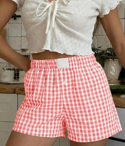 Women’s Gingham Plaid Pajama Shorts Summer Lounge Boxer Shorts with Pockets Elastic Waist Y2K Sleepwear Bottoms in Saudi Arabia