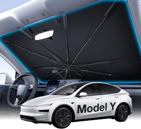 Wigoo Windshield Sun Shade Umbrella for Tesla Model Y [100% Sun Blockage, Ice Cooling Fabric] Reflective Heat Insulation, Foldable Front Window Sunshade Umbrella for Tesla Model Y 2020–2026 (Juniper) in Saudi Arabia