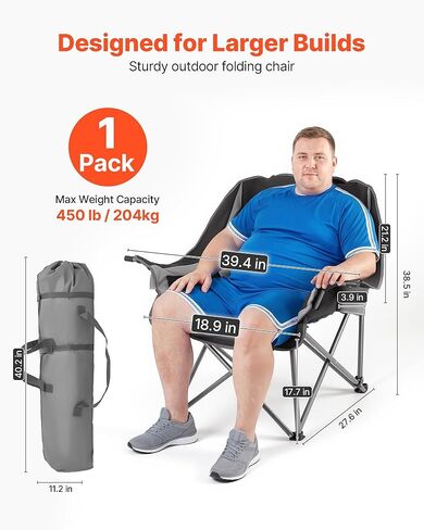 VEVOR Oversized Camping Chairs, 450 lbs Heavy Duty Support, Portable Padded Folding Camp Chairs with Dual Cup Holders & Wine Glass Holders, Carry Bag for Outdoor, Fishing, Black & Gray, 1 Pack in Saudi Arabia